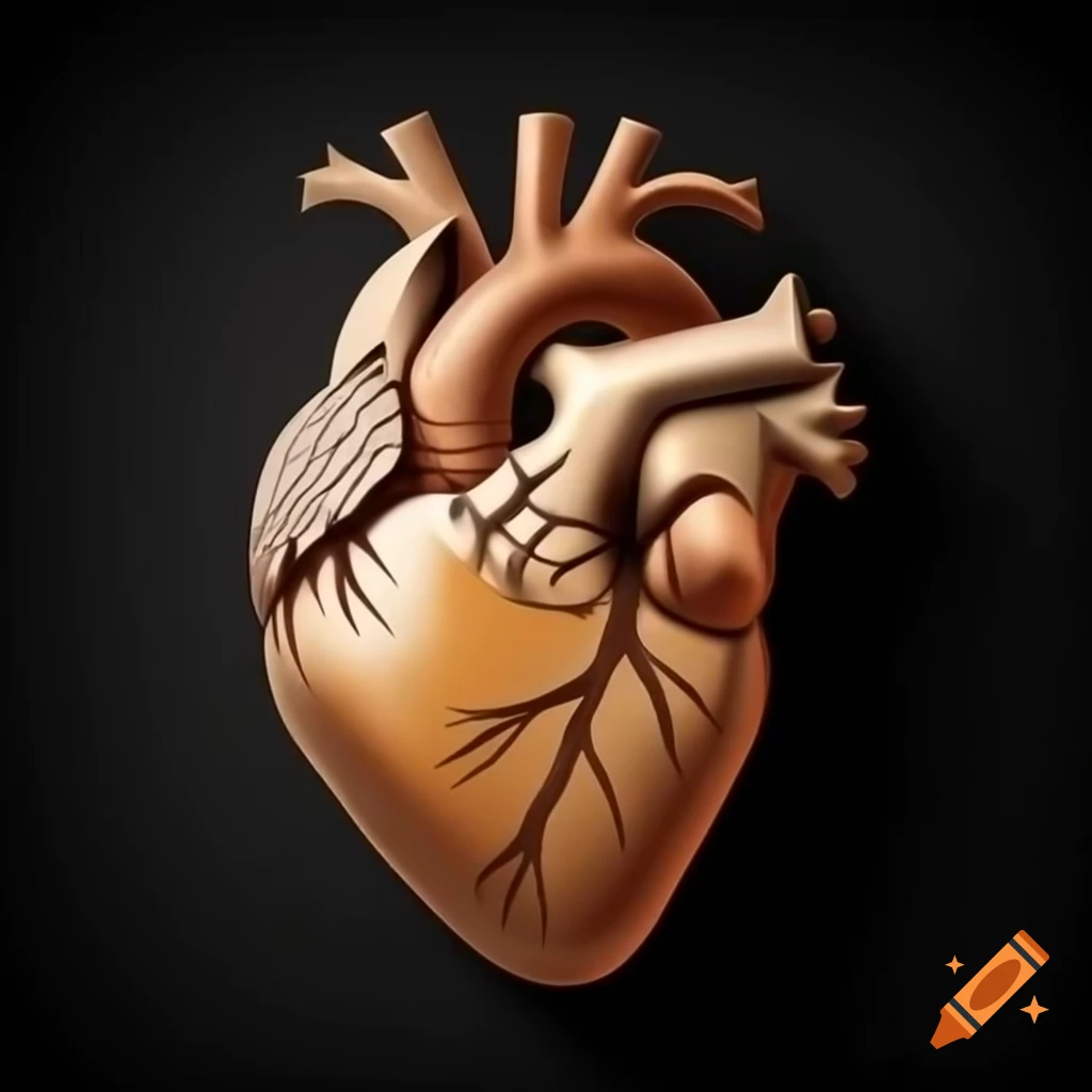 Anatomically correct wooden heart on black background