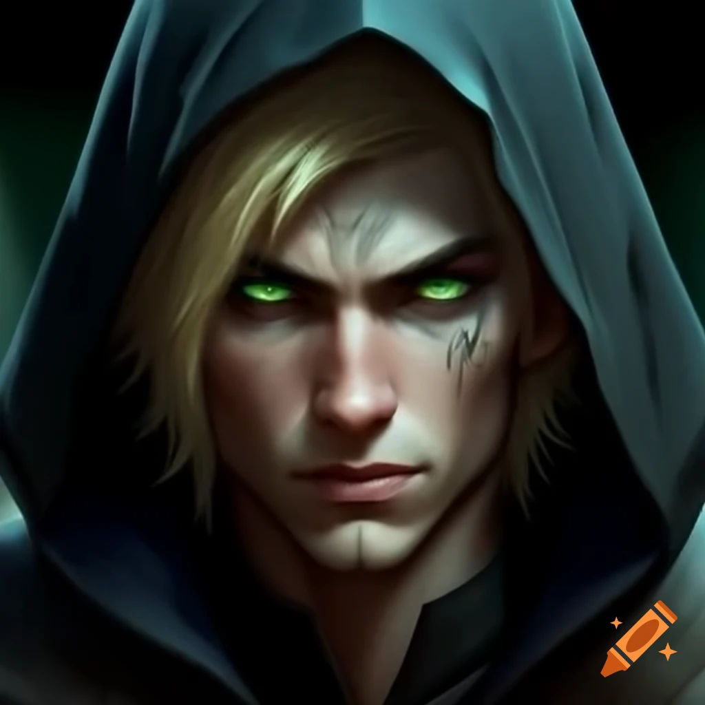 Intense heroic fantasy man with blond hair and green eyes in dark hood