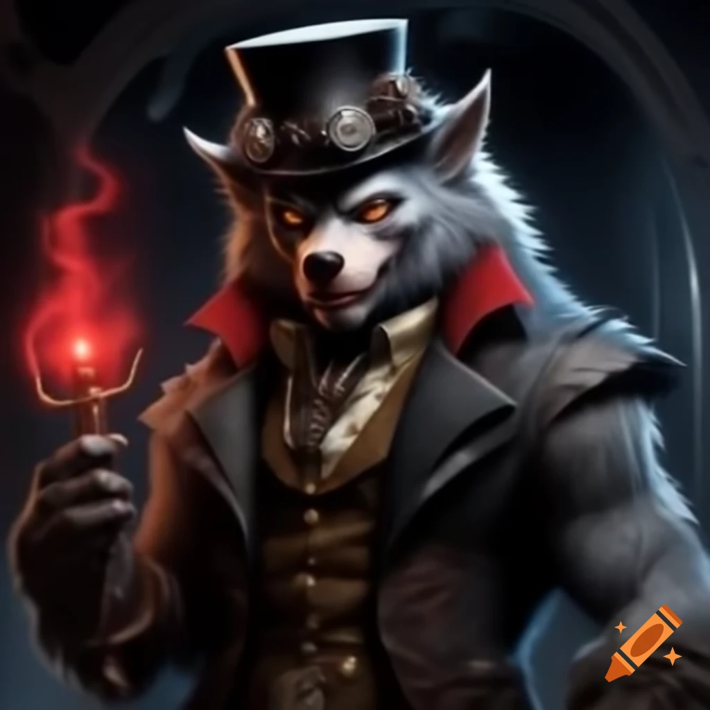 Steampunk werewolf in Victorian clothing with top hat and glowing magic wand