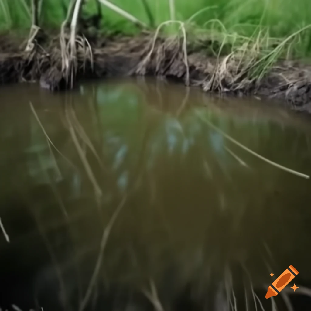 Muddy pond surrounded by vegetation