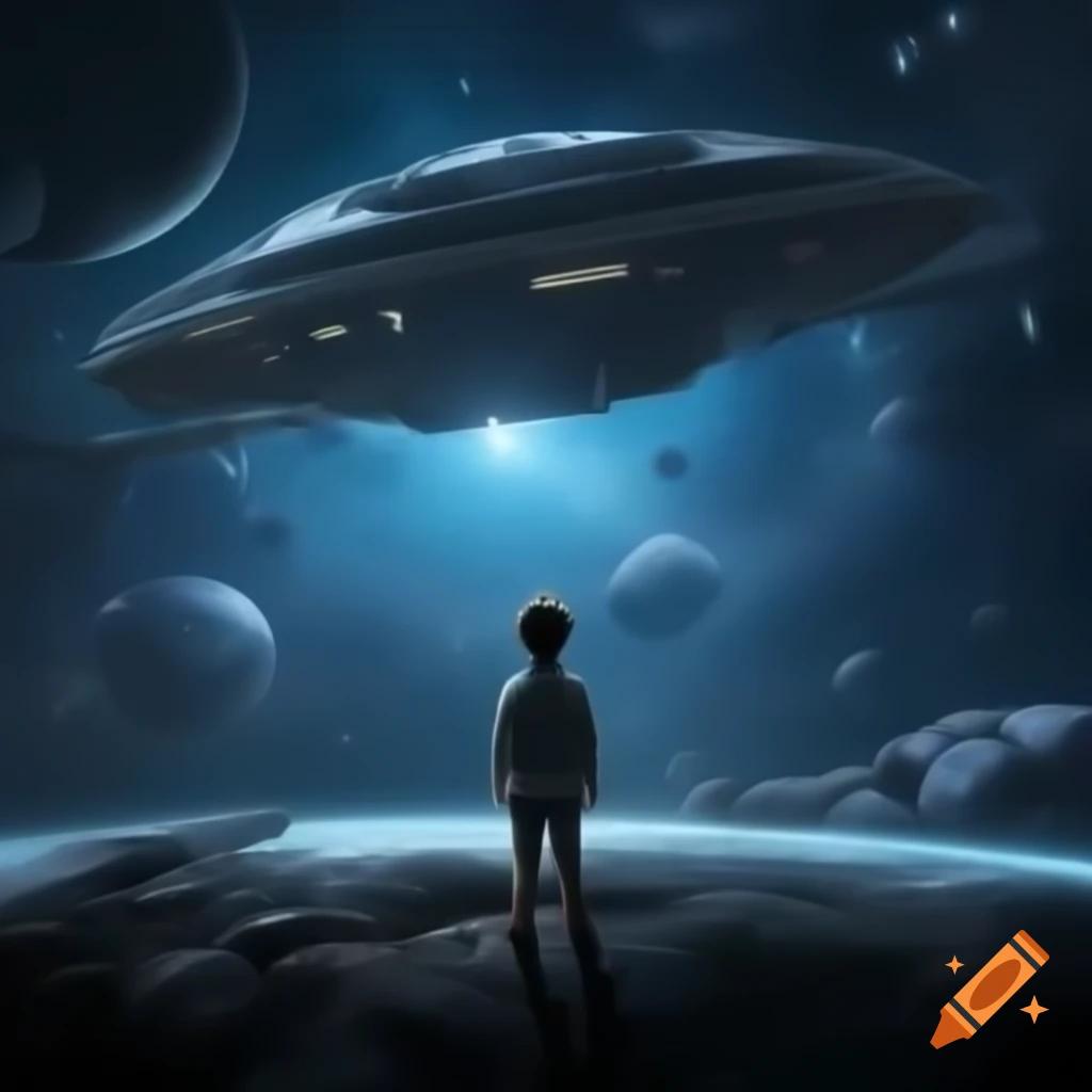 Boy gazing into space at alien spaceship