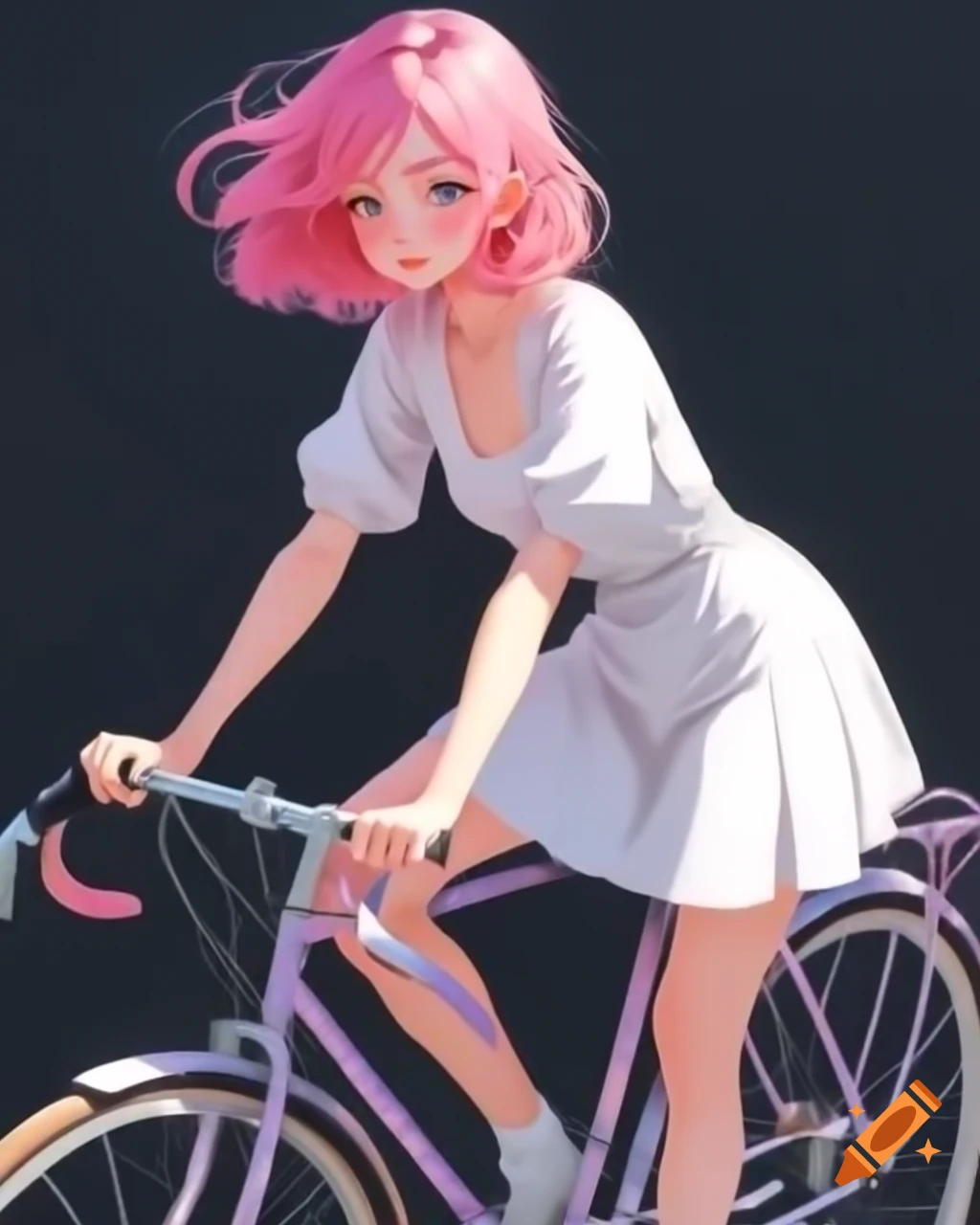 Adult woman with pink hair riding a bike in a white dress, anime style