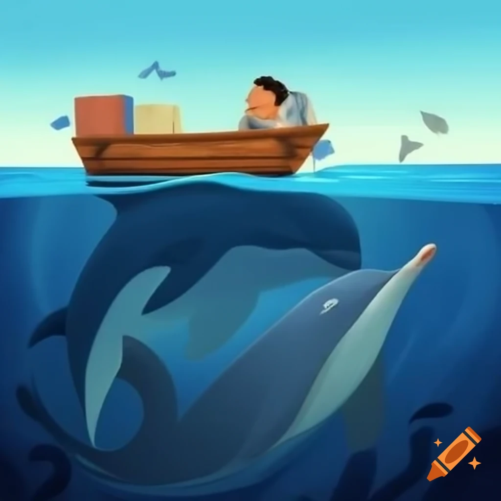 Man asleep on boat surrounded by dolphins, fish, and seabirds