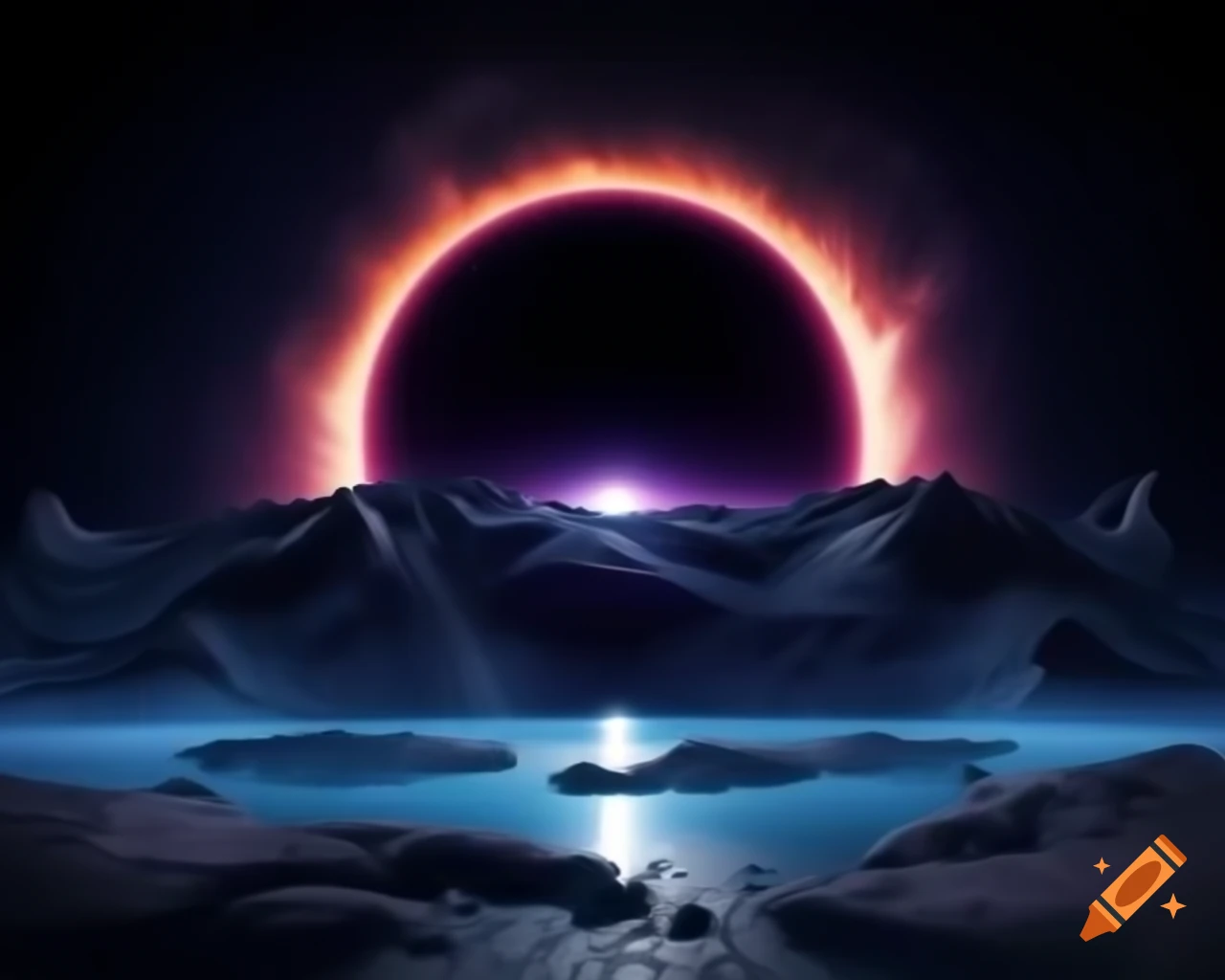 Hyperrealistic black hole in space scene with stars and blue-orange rim lights