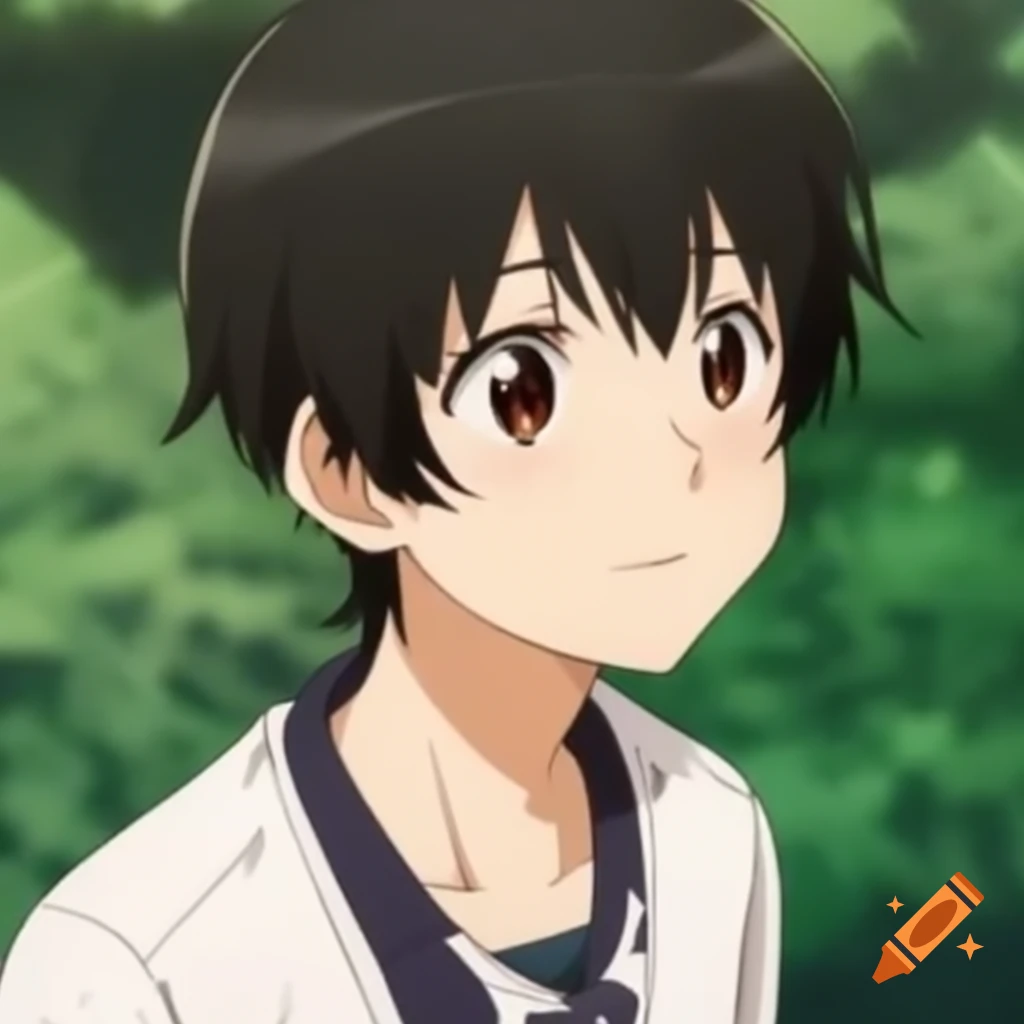 Thoughtful young man with short dark brown hair and amber eyes in a room, anime style