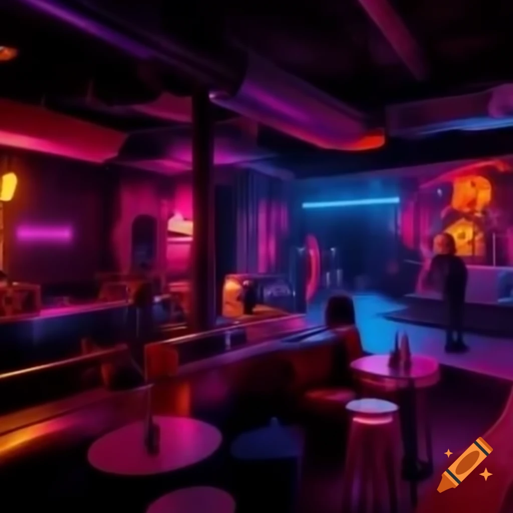 Vibrant interior of a punk rock drag queen nightclub with neon colors and live performances
