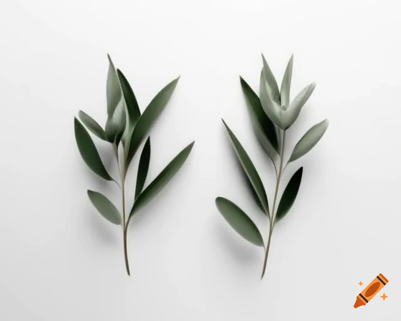 Photorealistic olive leaves on white background under soft top light