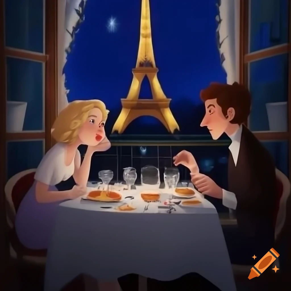 Young couple dining at night by the Eiffel Tower, drawing style