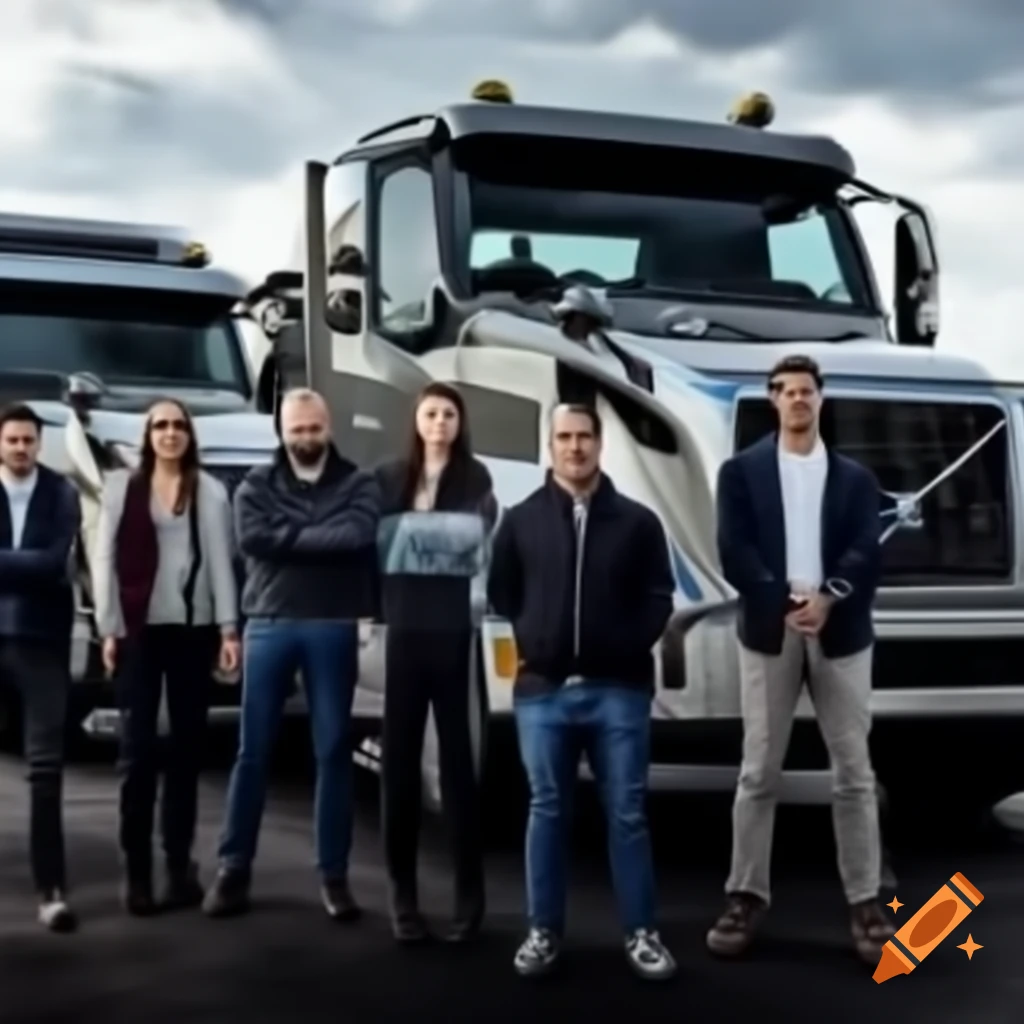 Volvo truck with diverse team of people in front