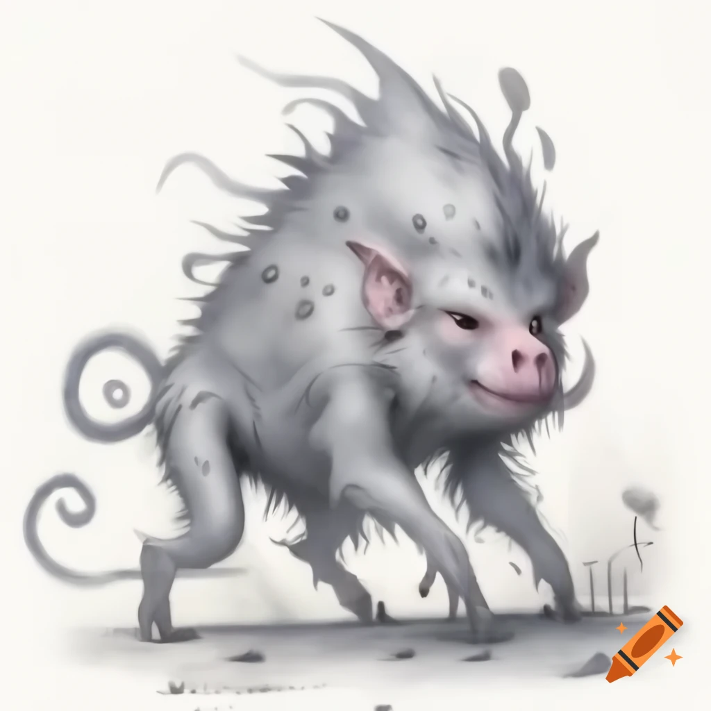 Absurd baboon-pig fantasy monster in energetic line drawing and watercolor