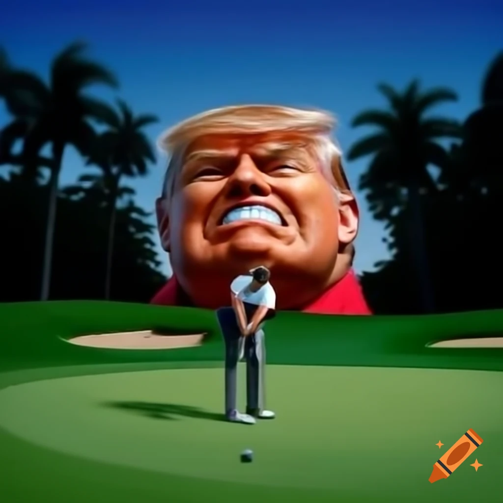 Satirical photorealistic depiction of a humorous scene with a golfer and a giant alligator