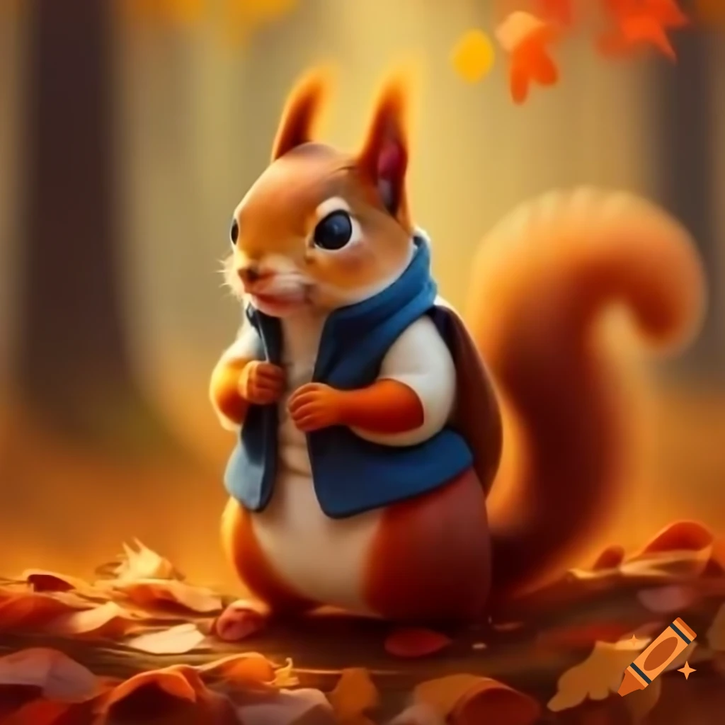 Red squirrel in vest amidst autumn city scenery
