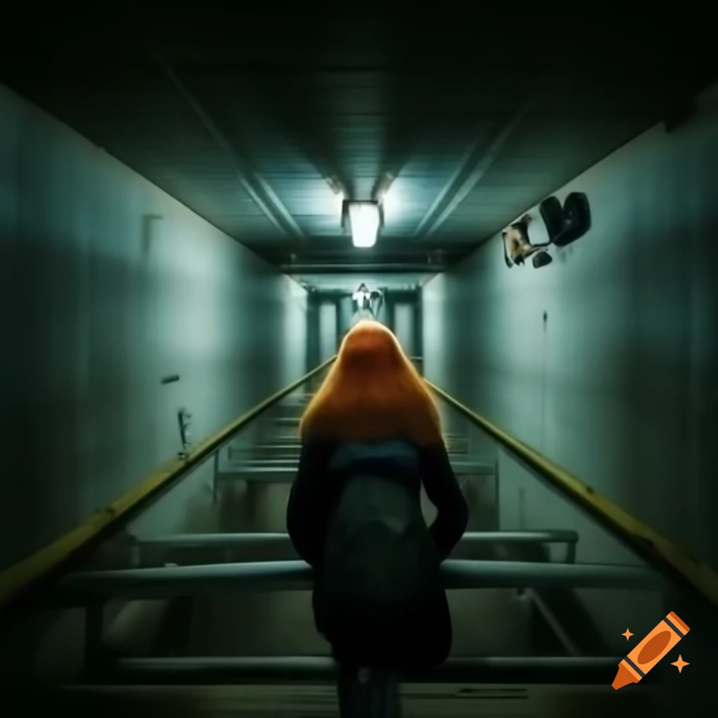 Girl with red hair navigating concrete basement labyrinth from security camera perspective