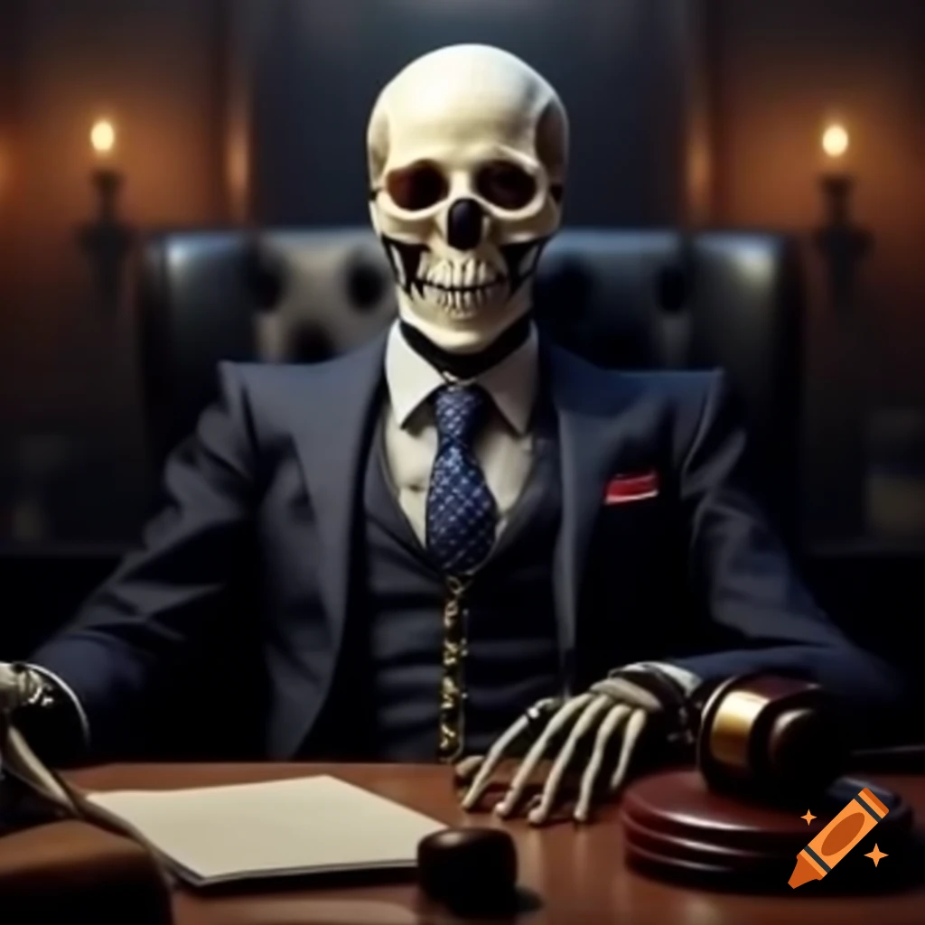 Skeleton in suit sitting at desk holding gavel with glowing red eyes