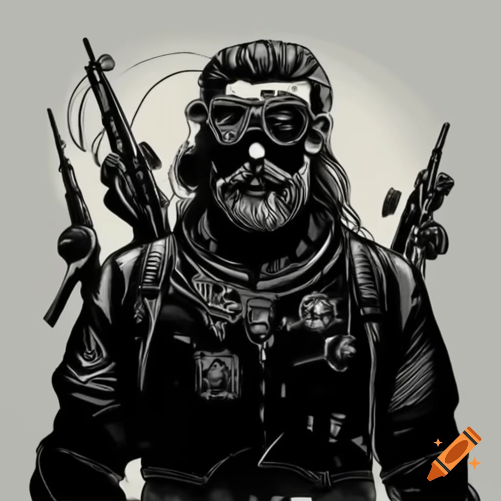Stoic figure with futuristic goggles and gray beard in leather coat