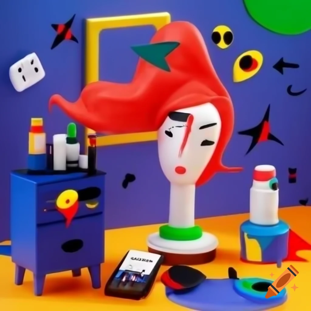 Abstract artwork of female hairdresser with gadgets and music in Miró style
