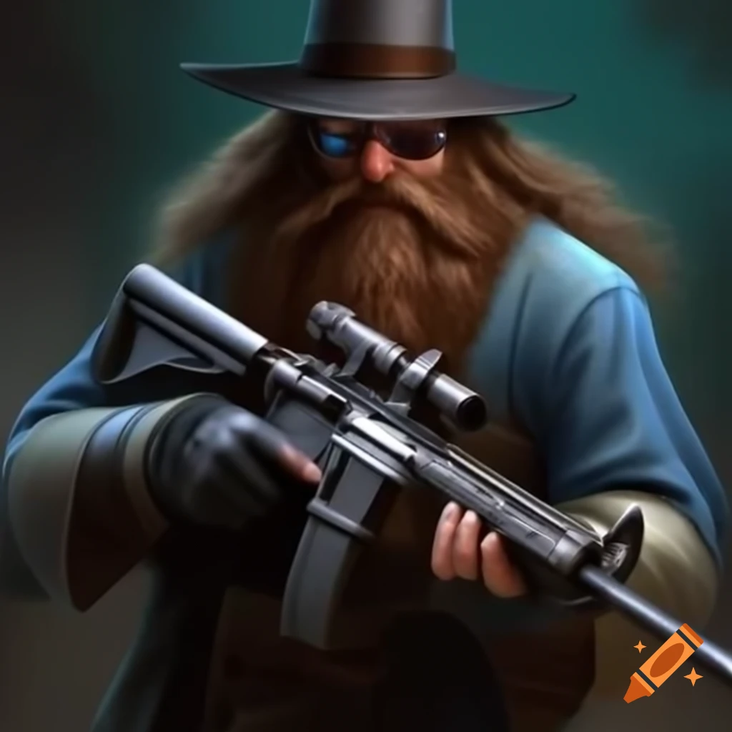 Wizard with beard and aviator sunglasses holding scoped AR-15