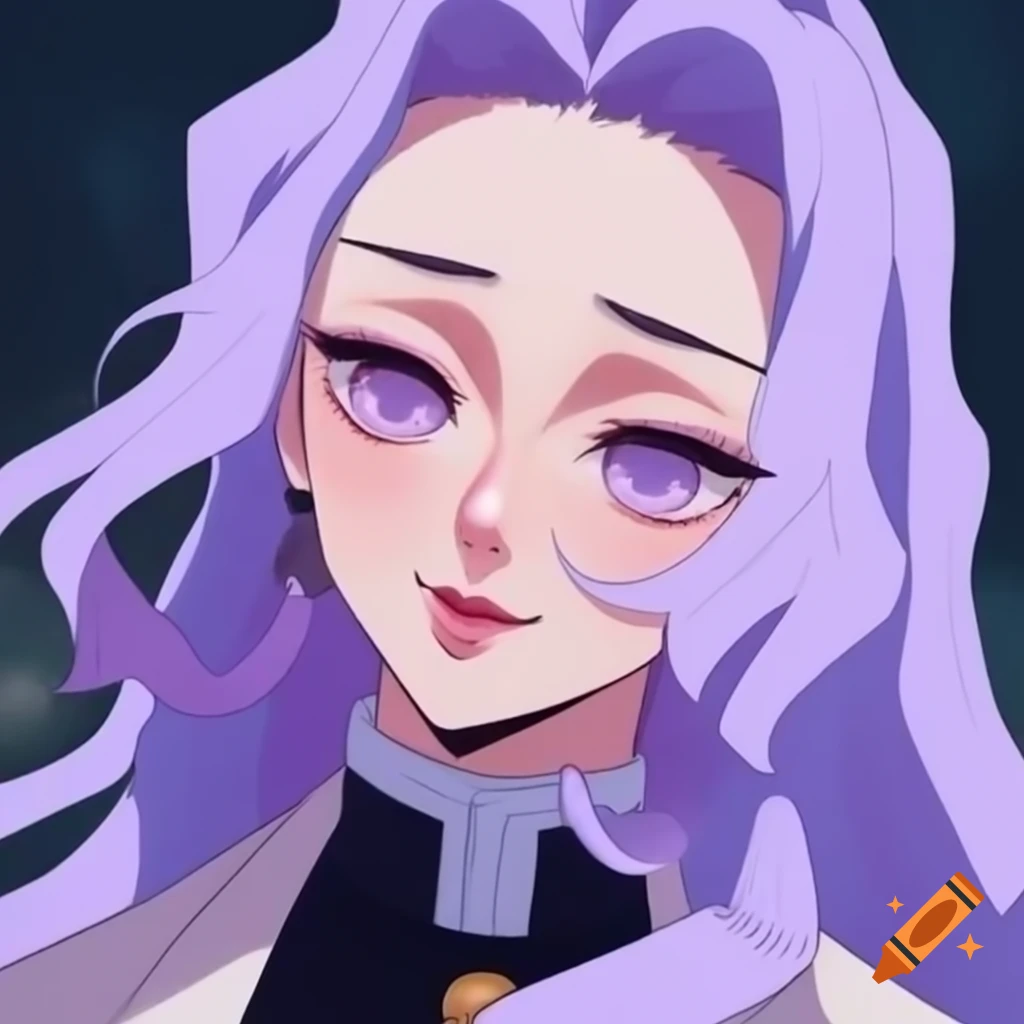 Ornate portrait of a sultry feminine heroine from Kimetsu No Yaiba with lavender hair