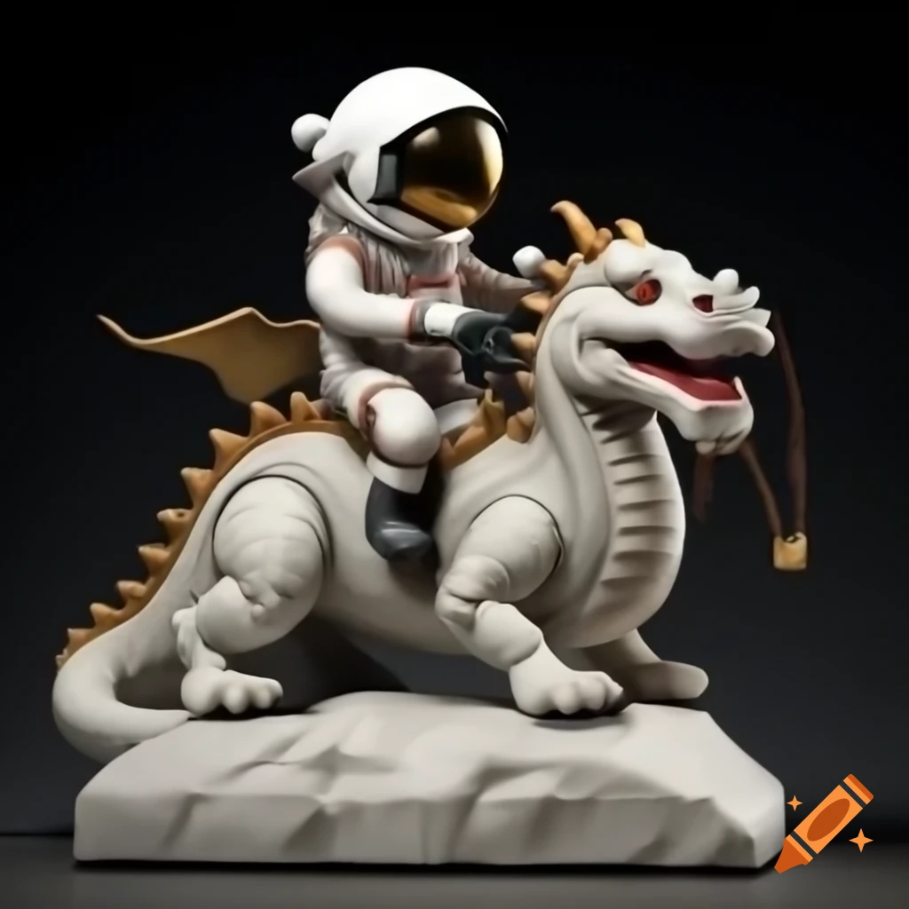 Puppet of astronaut riding Chinese dragon made of marble
