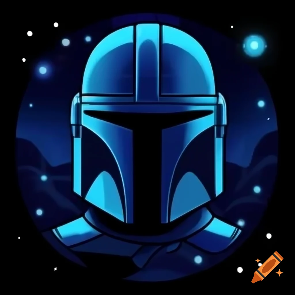 Mandalorian face against deep space nebula in blue hues