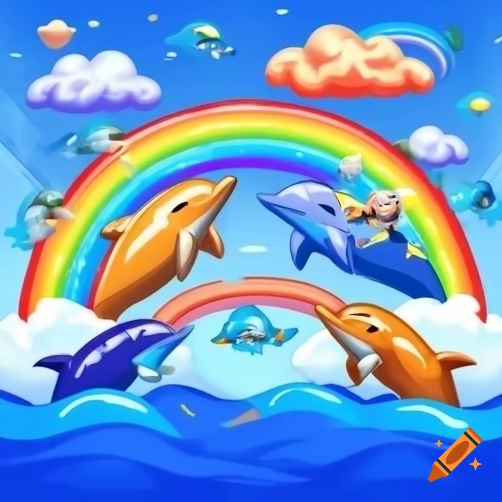 Colorful and humorous shitpost featuring rainbows and dolphins with motivational text