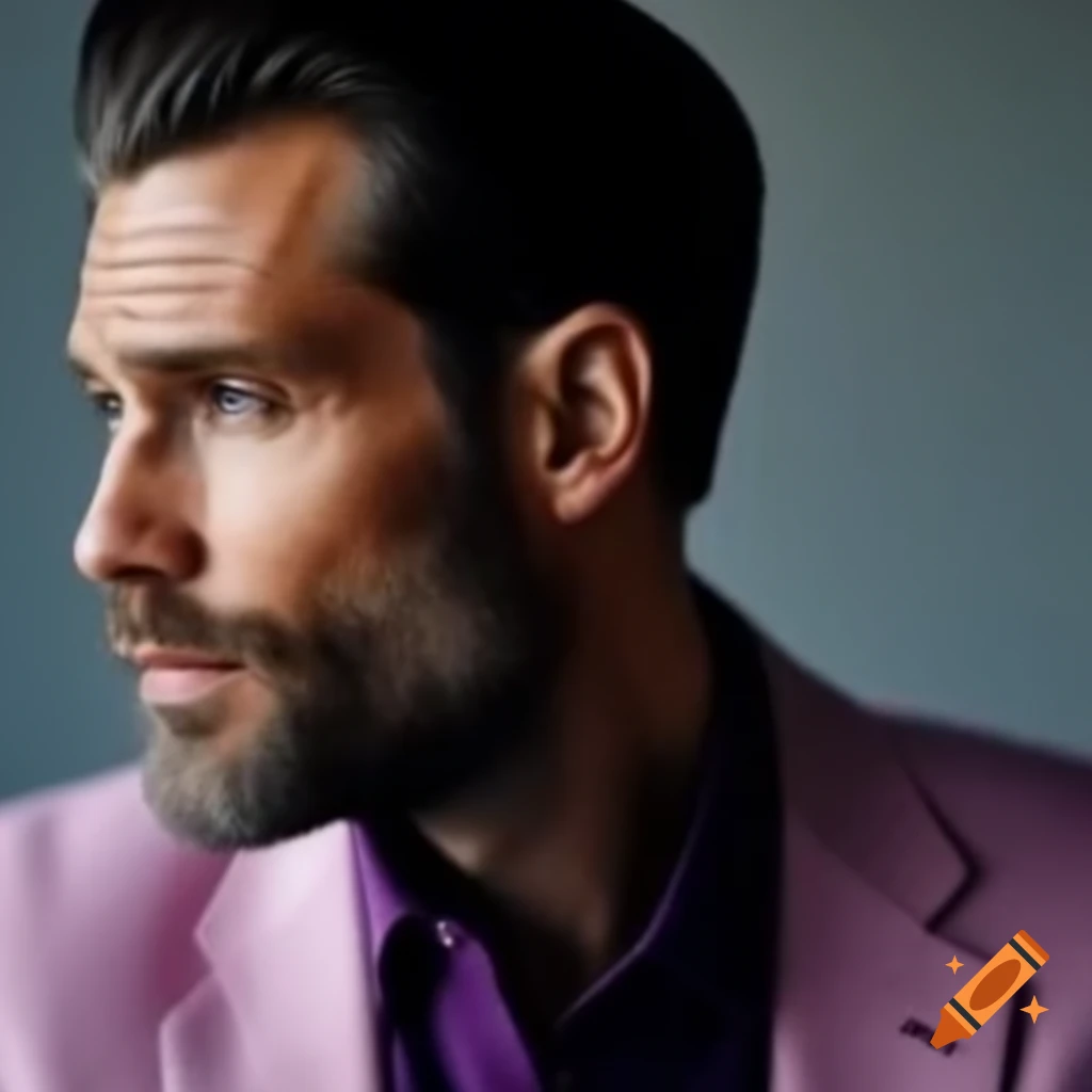 Man wearing dark purple shirt and light pink blazer