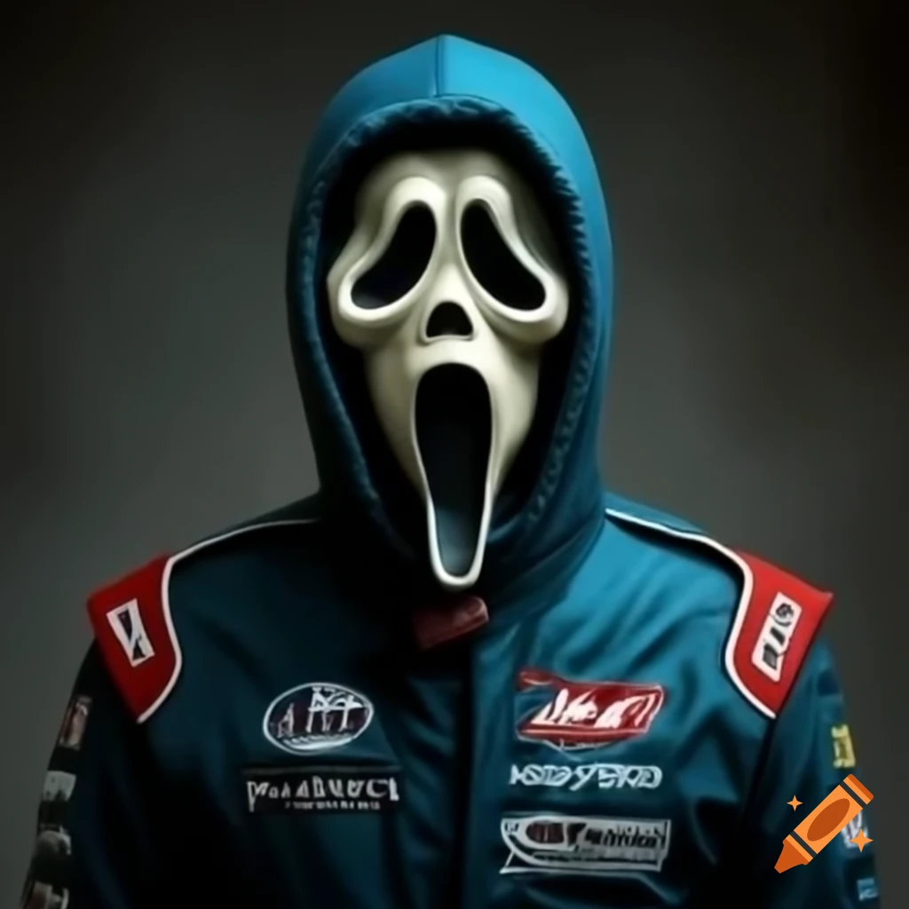 Man in race suit wearing a scream mask