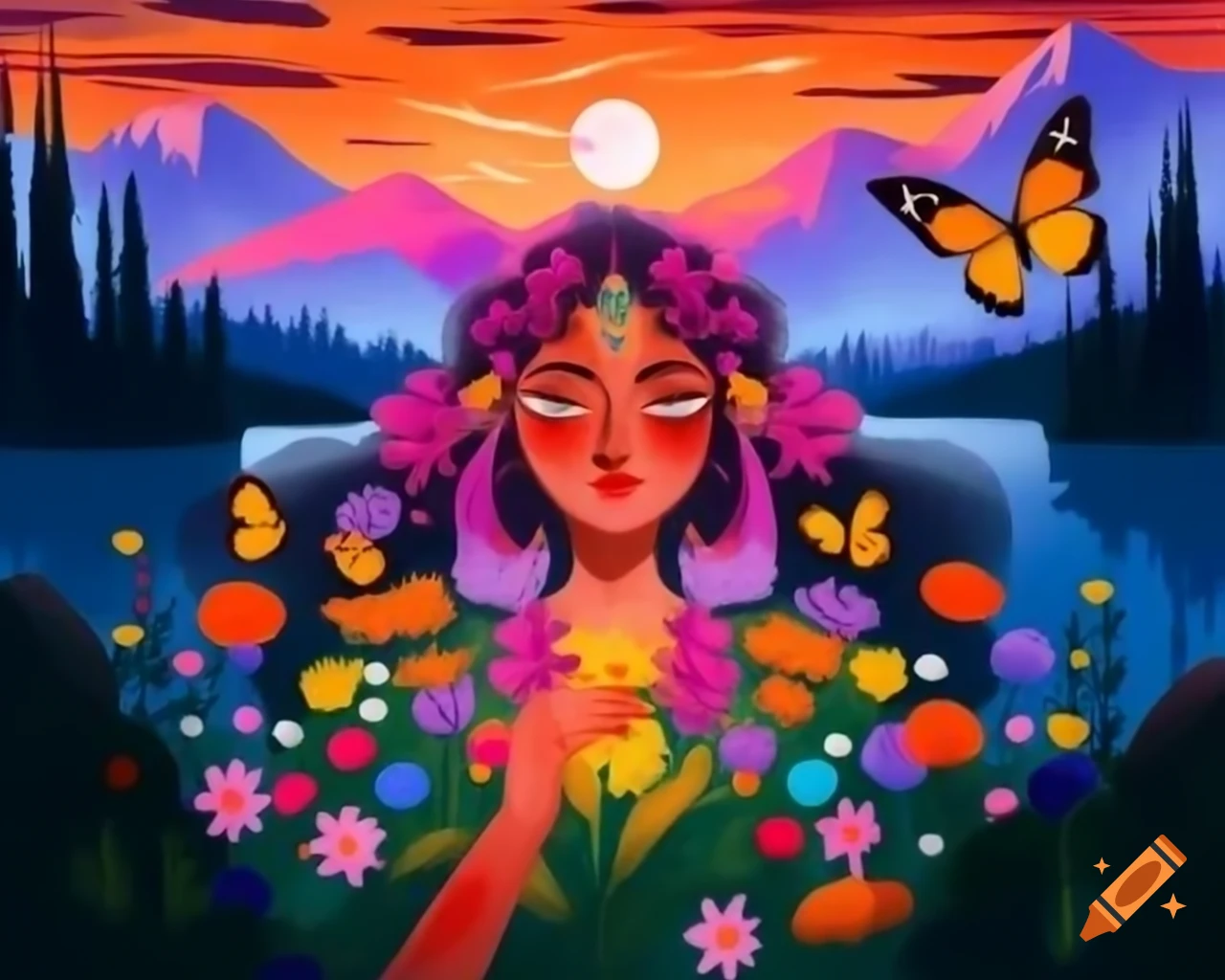 Enchanting woman with colorful hair, wildflowers, and butterflies against a stunning sunset