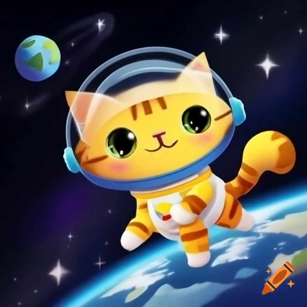 Yellow and white tabby cat in astronaut costume floating in space with Earth and galaxy