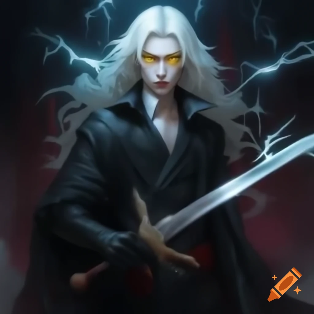 Handsome vampire prince with white hair and yellow eyes holding sword, dramatic lightning