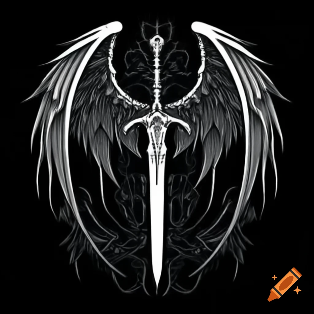 Gothic French style sword with dark angel wings in white outline