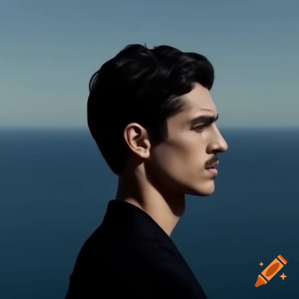 Dramatic photo portrait of Greek male musician in profile looking at the sea
