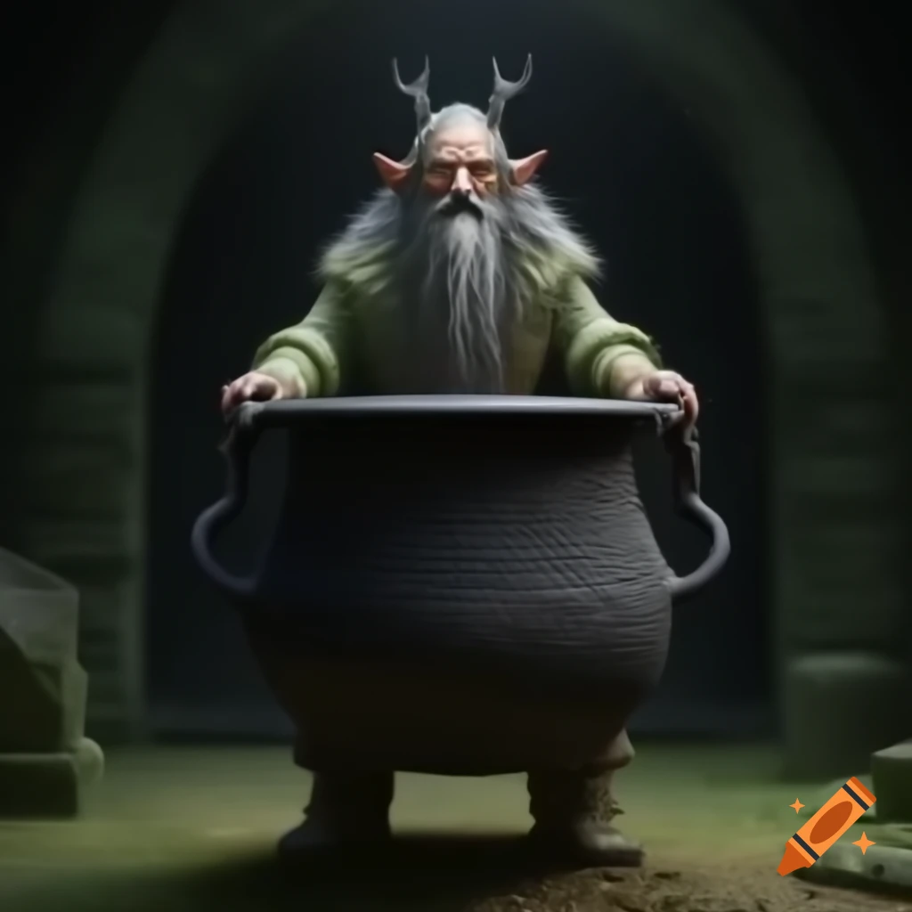 Celtic druid with black iron cauldron in a sanctuary setting