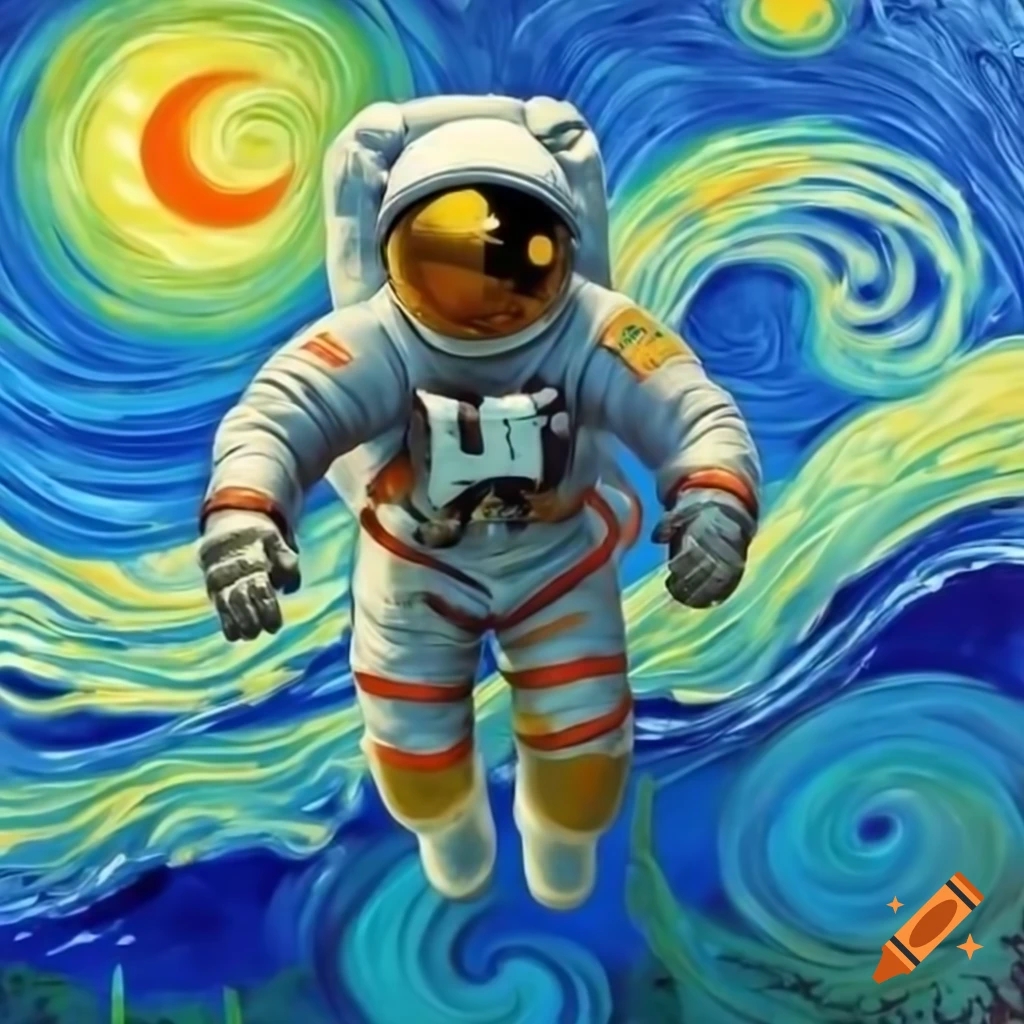 Astronaut floating in space with expressive van Gogh style colors