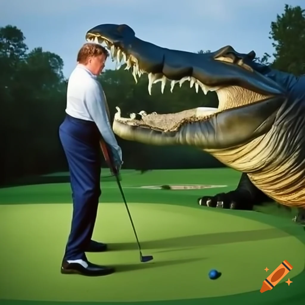 Satirical photorealistic portrait of Trump golfing while being chased by an alligator