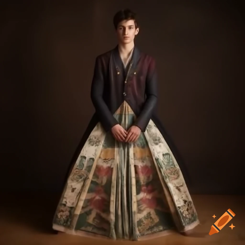 Young man in elaborate floor-length dress
