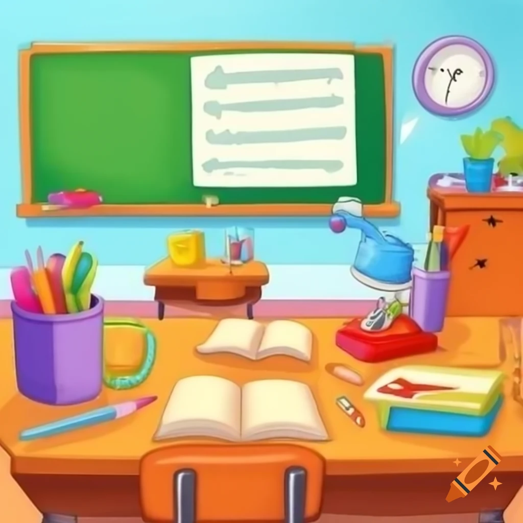 Cartoon classroom featuring school supplies like notebook, pens, eraser, ruler, and glue stick