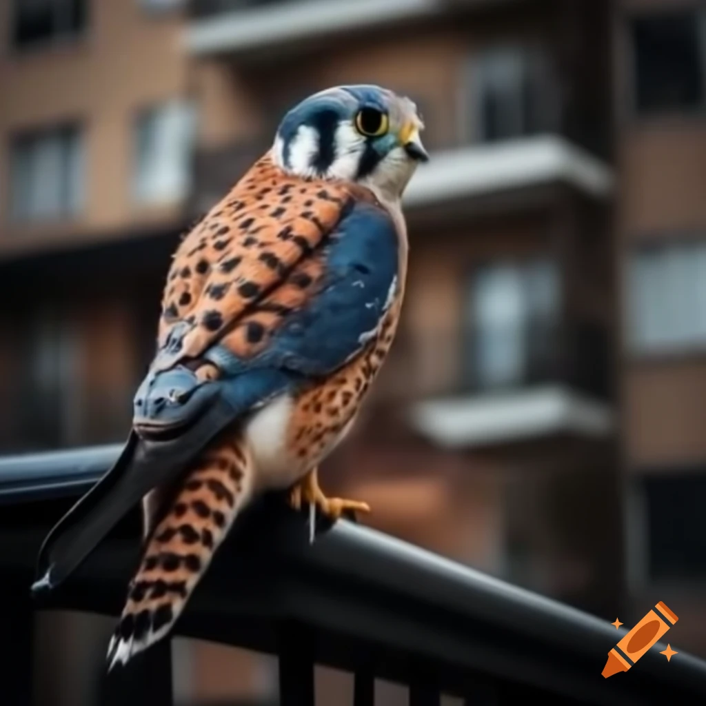 Kestrel perched on balcony railing of residential building
