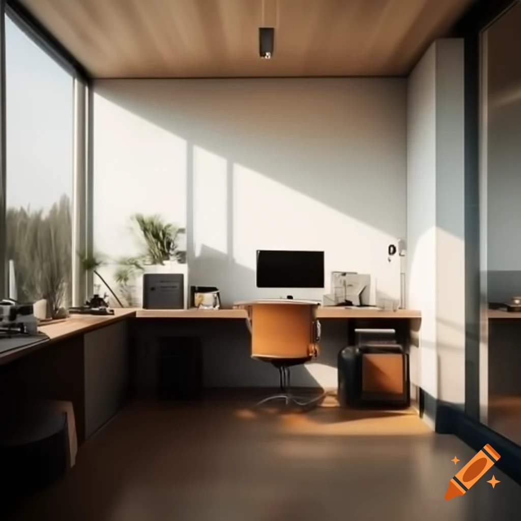 Photorealistic office space with desk, computers, and natural lighting in light wood tones