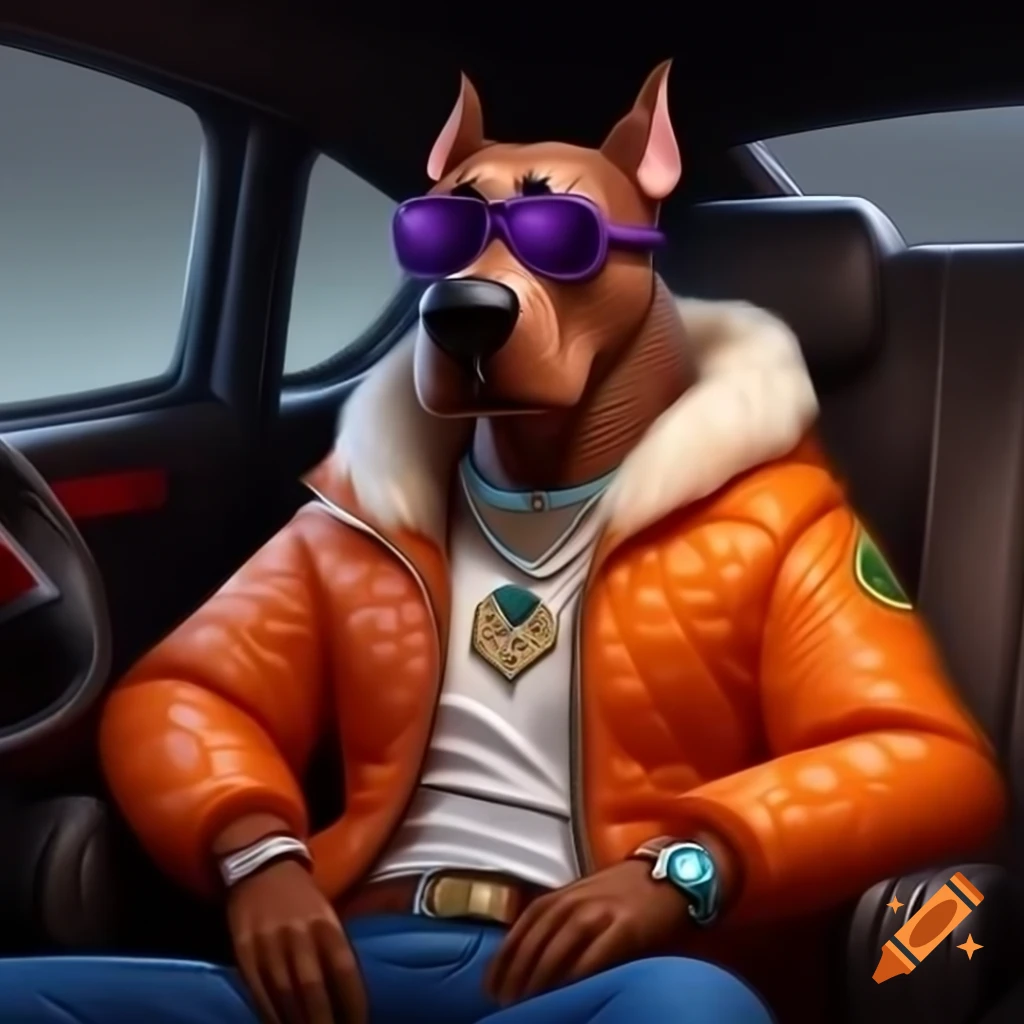 Anthropomorphic dog character in orange jacket seated in luxurious car, digital illustration