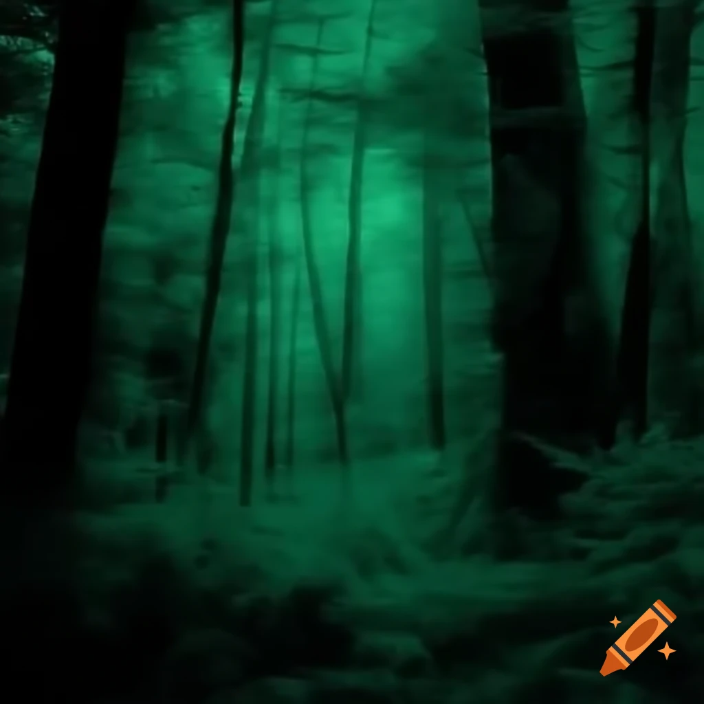 Night vision photography of dense forest with intricate trees in green-blue monochrome