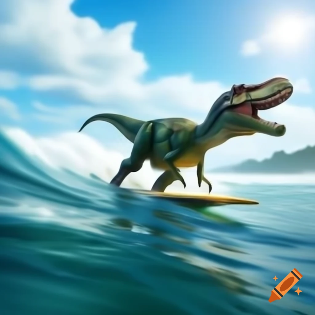 Dinosaur surfing on the beach, vibrant wallpaper for Windows 10