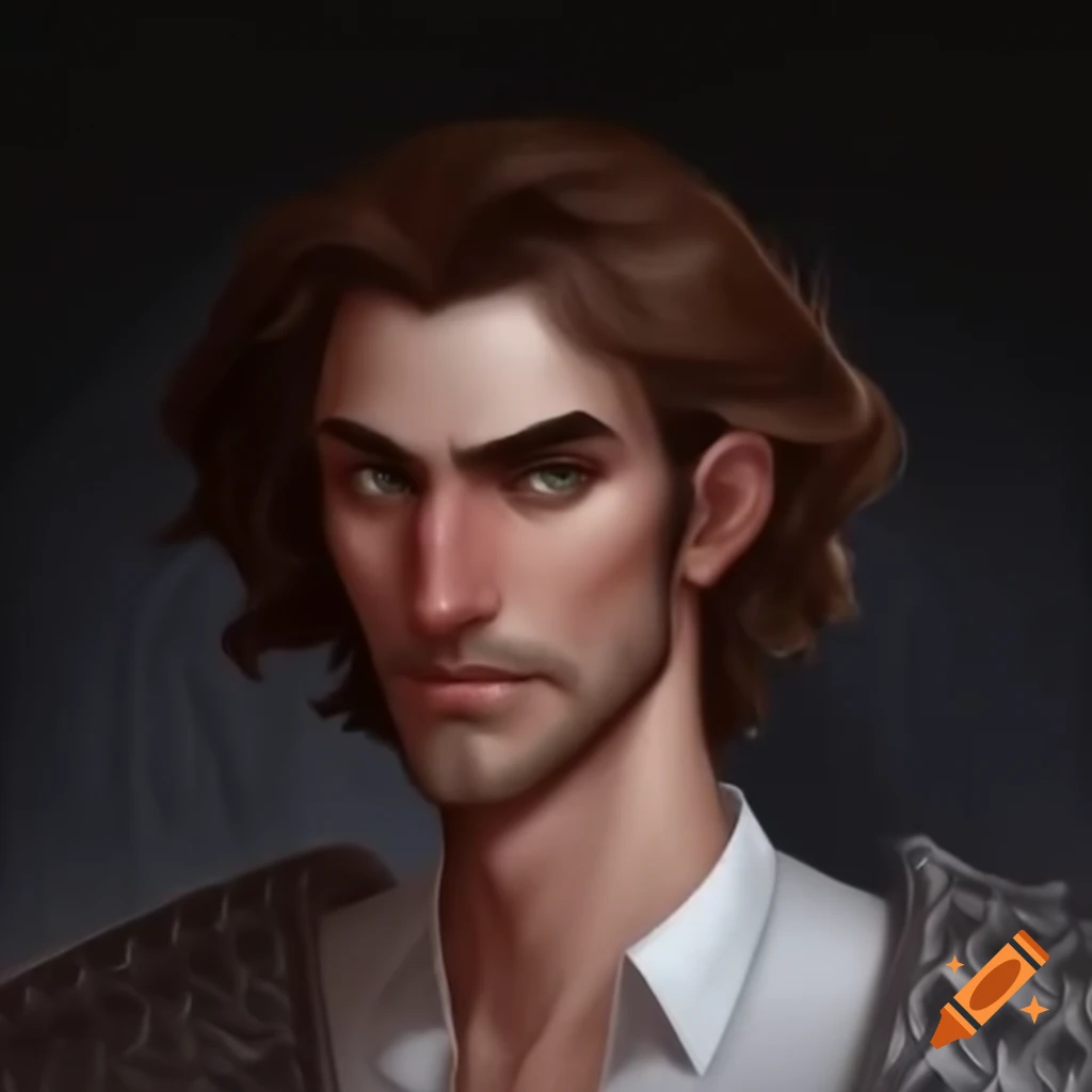 Portrait of a 22-year-old man with black eyes, brown wavy hair, wearing a white shirt under chainmail
