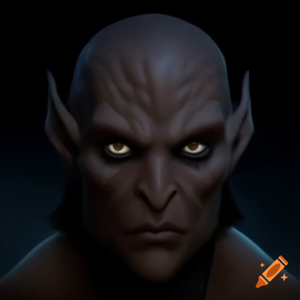 Short hairy goblin with dark brown skin and yellow eyes in goya