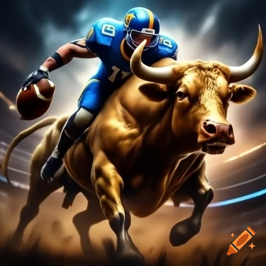 Football player in blue and gold riding golden bull in dynamic sports scene