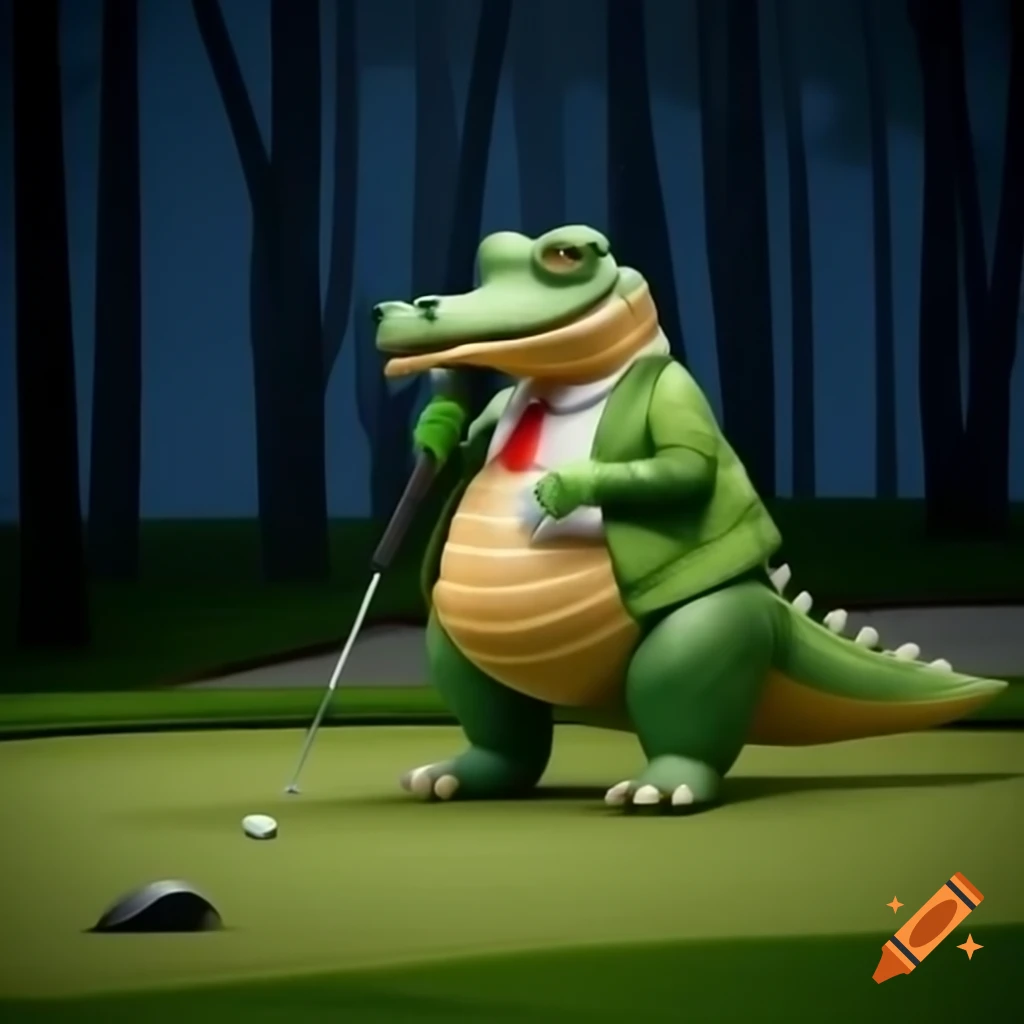 Satirical photorealistic image of a person in alligator costume golfing