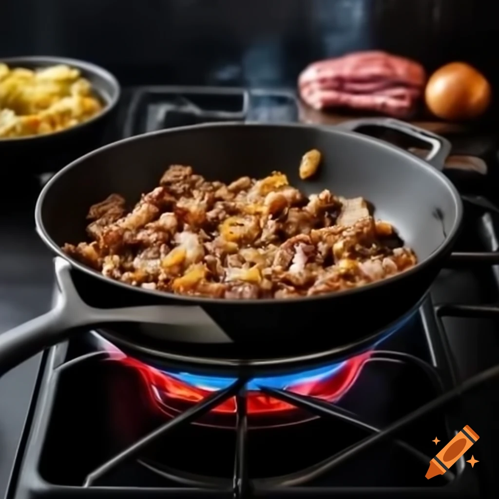 Cast iron skillet sizzling with onions and ground meat on stovetop