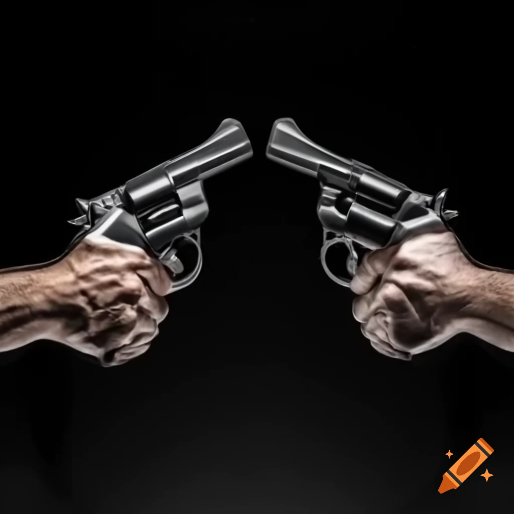 Two pistols positioned facing each other