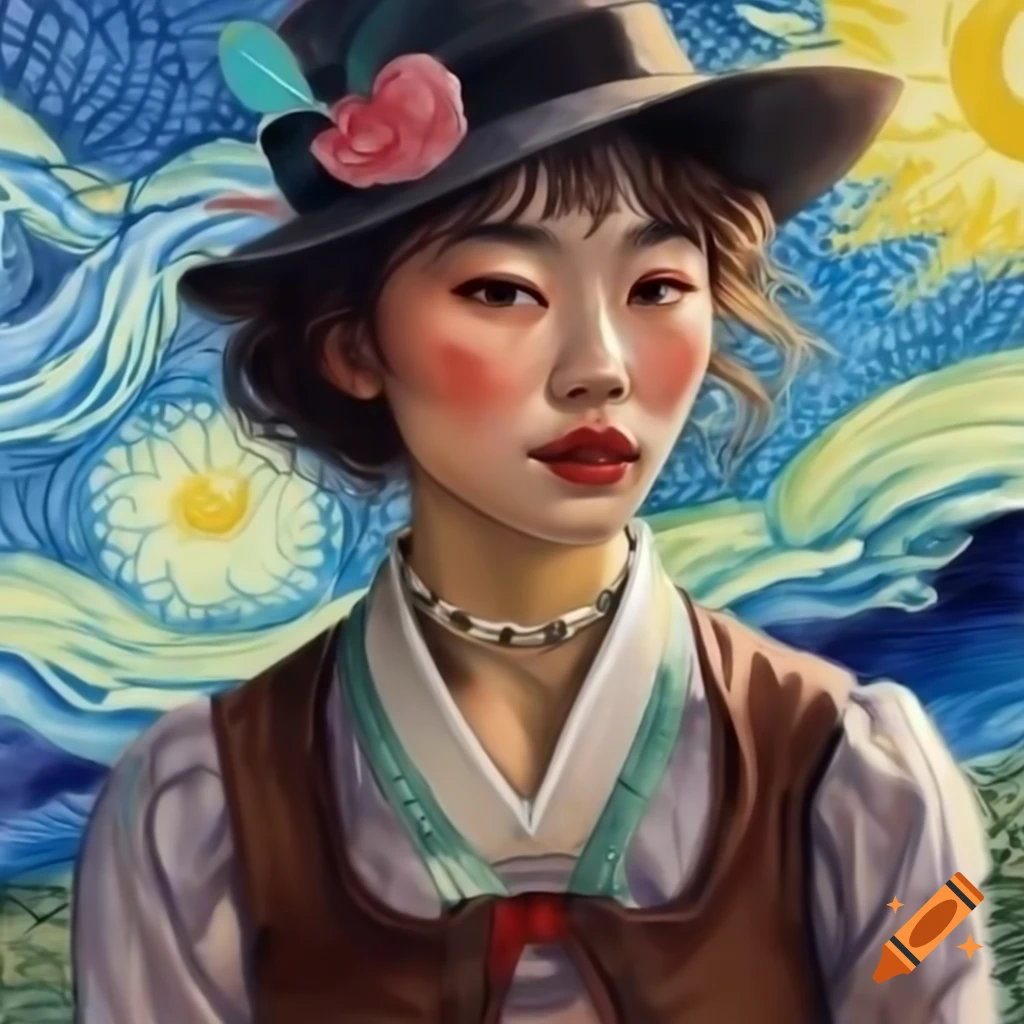 Portrait of Korean woman in Rockabilly attire, animated Van Gogh style with watercolor elements
