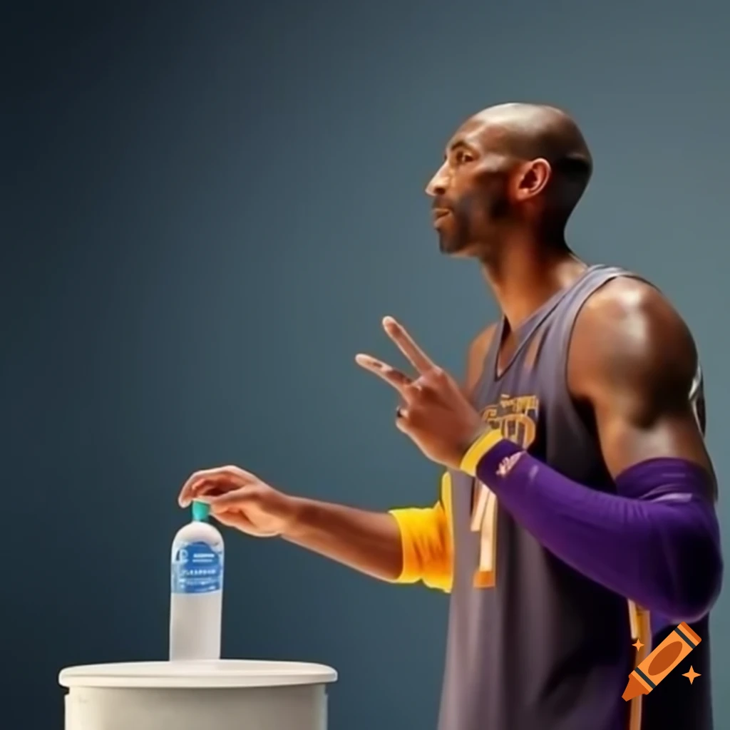 Kobe Bryant shooting water bottle into bin, realistic depiction